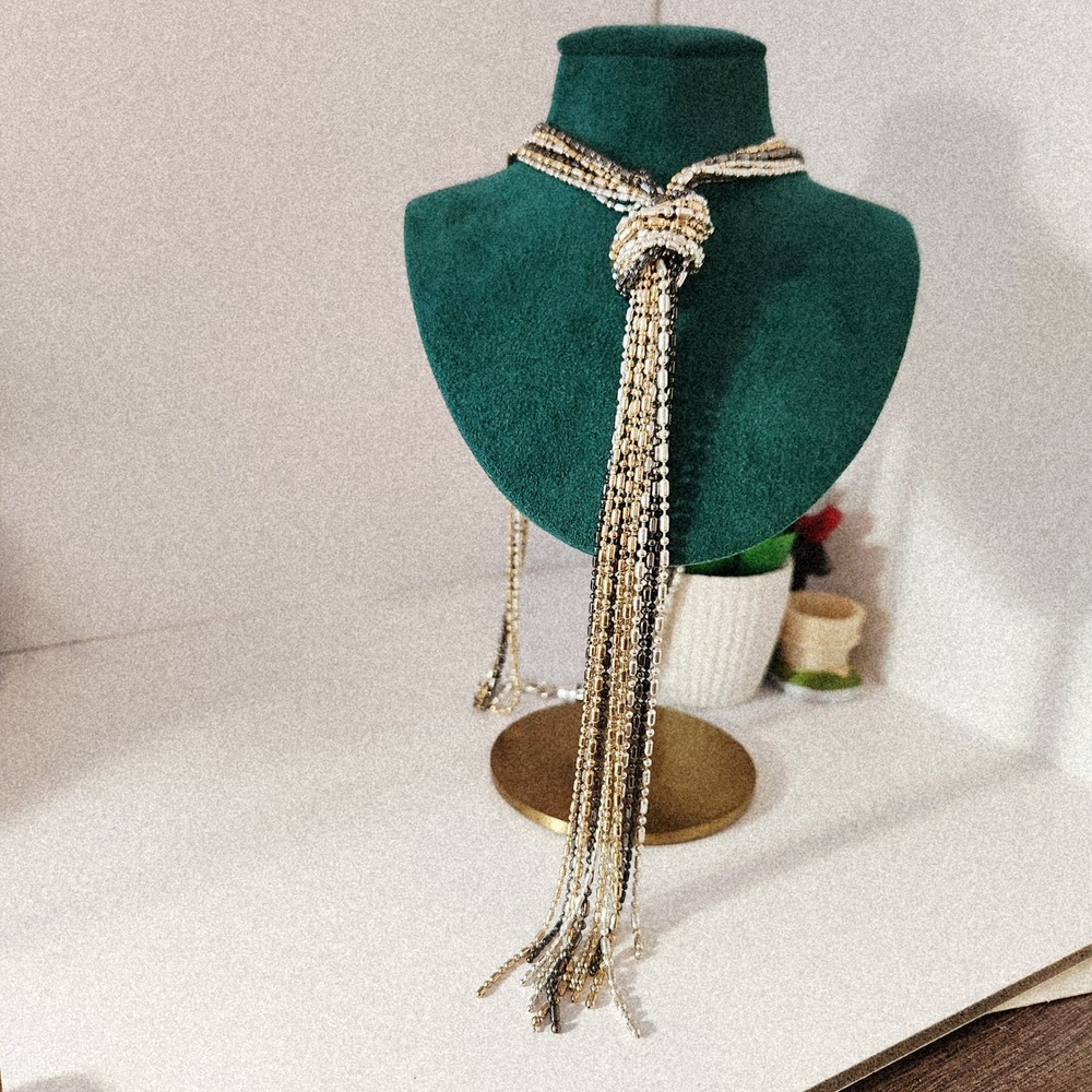 Multi Strand Mixed Metal Ball Chain Lariat Tassel Necklace Gold Silver Gunmetal